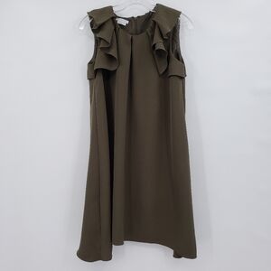 London Times Sleeveless Ruffle Shoulder Olive / Pickle Green Trapeze Dress
